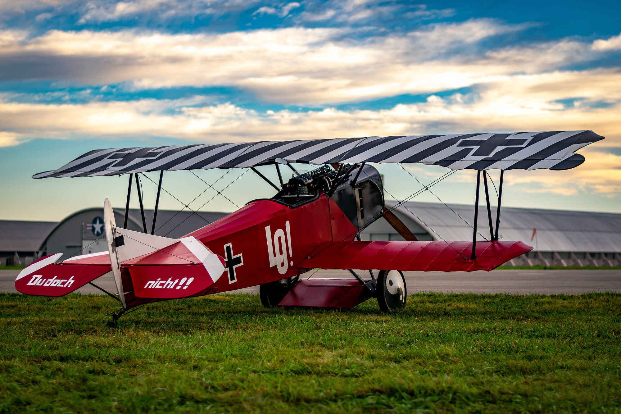 DAYTON, Ohio -- World War I replica aircraft took to the skies during during the eleventh WWI Dawn Patrol Rendezvous at the National Museum of the U.S. Air Force on Sept. 22-23, 2018. This aircraft is a Fokker DVII replica owned and flown by Mark Hymer from Owasso Oklahoma. (Courtesy photo by Courtney Caillouet)