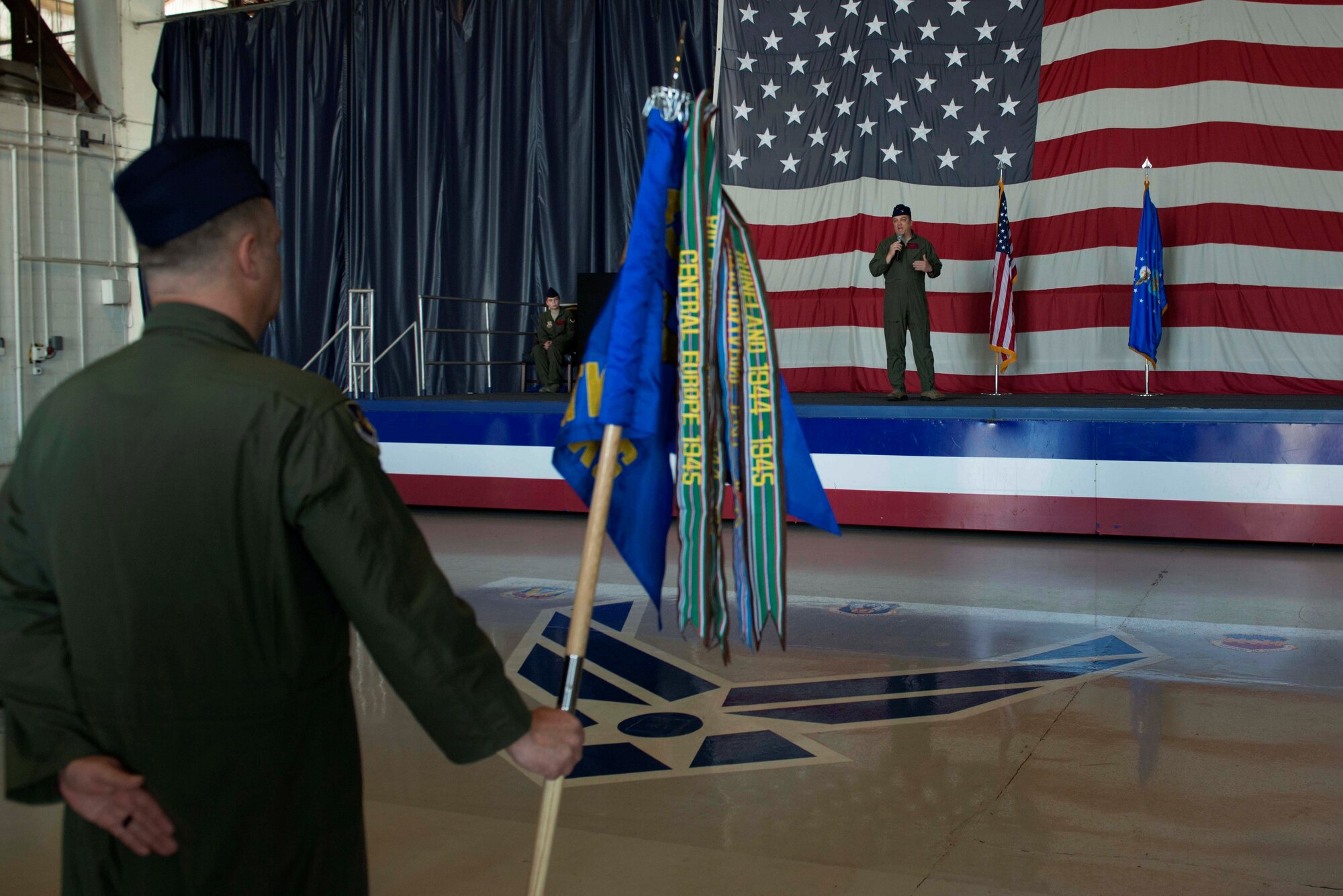 U.S. Air Force Col. Travis Norton, 25th Attack Group commander, right, speaks at Shaw Air Force Base (AFB), S.C., Oct. 2, 2018.
