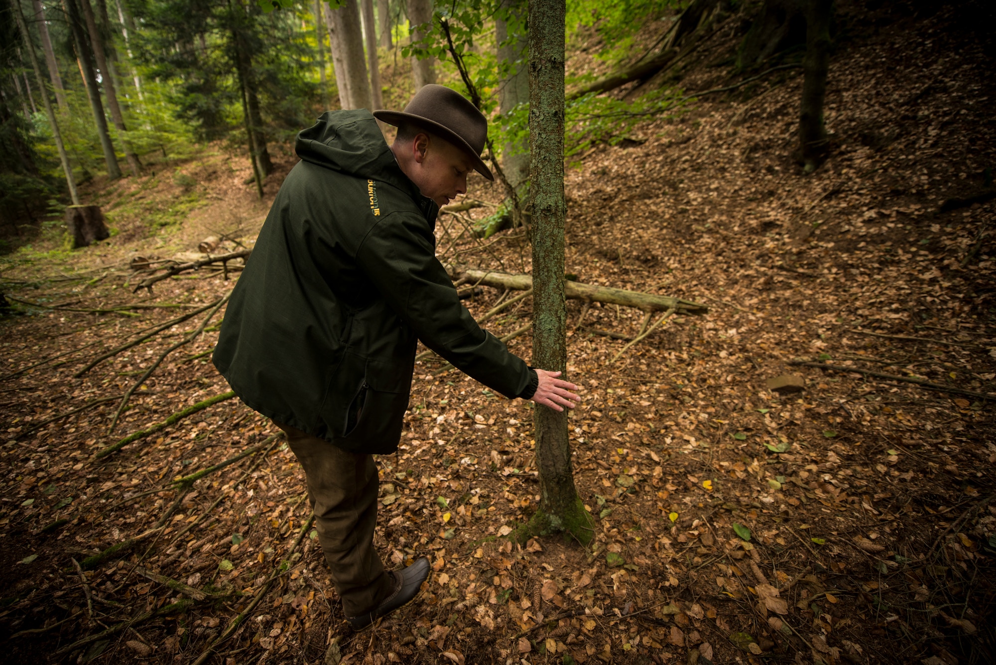 U.S. Air Force Maj. Nathan Waters, 603rd Air Operations Center cyberspace warfare operations chief, points out a tree marked by a wild boar outside of Kaiserslautern, Germany, Oct. 2, 2018. Boar will roll in mud, then rub their bodies against the tree to clean themselves. The Kaiserslautern Forestry Department loosened hunting restrictions on boar to prevent African Swine Fever from entering the domestic pig population here. (U.S. Air Force photo by Staff Sgt. Jonathan Bass)