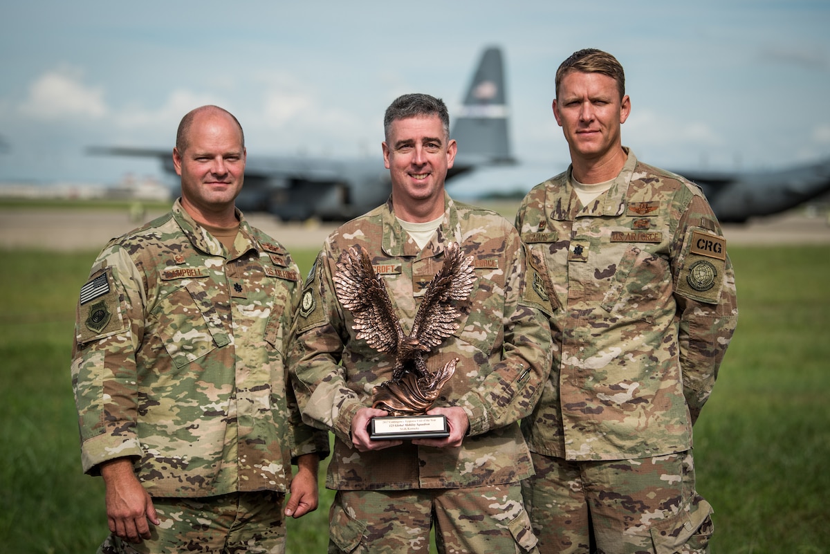 The Kentucky Air National Guard’s 123rd Global Mobility Squadron has been named the Air Mobility Command Contingency Response Unit of the Year for 2017. Shown with the award are Lt. Col. Steve Campbell (left), 123rd GMS commander, Col. Bruce Bancroft (center), commander of the 123rd Contingency Response Group, and Lt. Col. Ryan Adams (right), commander of the 123rd Global Mobility Readiness Squadron. The 123rd GMS was chosen for the honor over multiple active-duty and Reserve contingency response units. (U.S. Air National Guard photo by Staff Sgt. Joshua Horton)