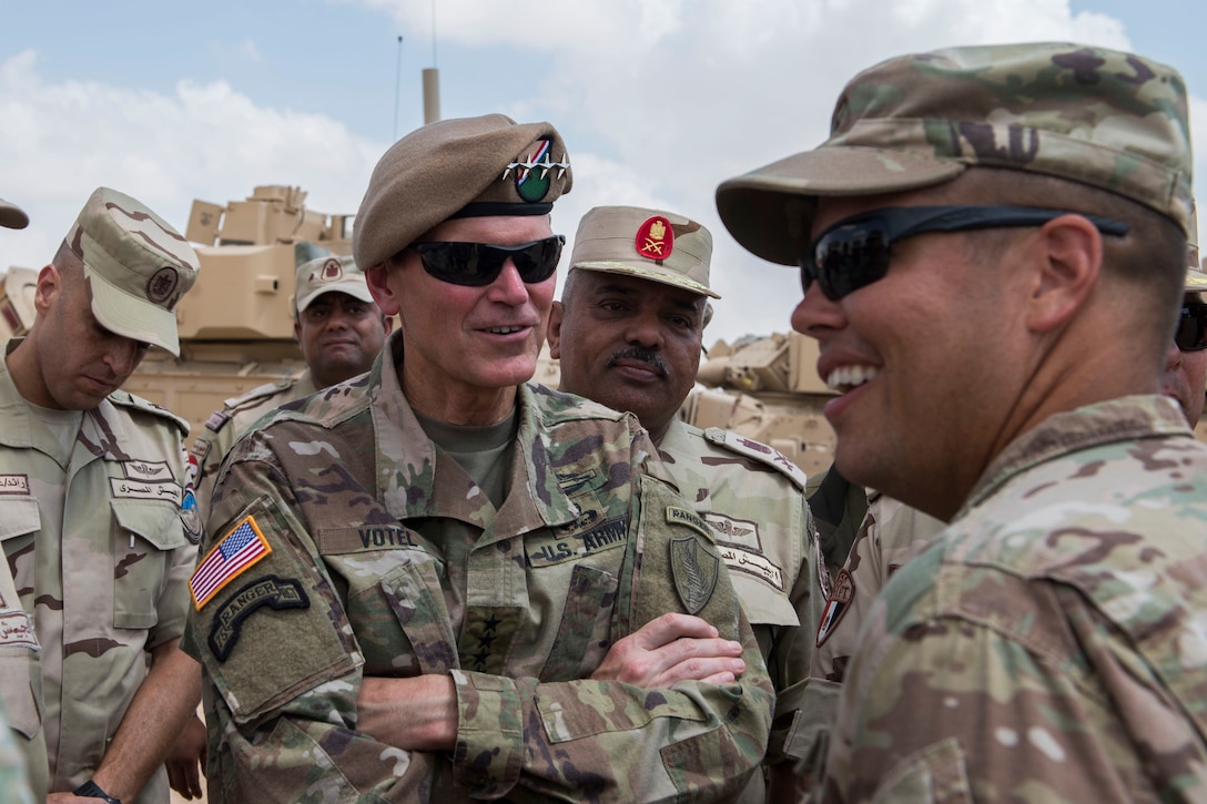 Gen. Joseph Votel,  the commander of U.S. Central Command, visits the Bright Star 2018 Logistics Staging Area