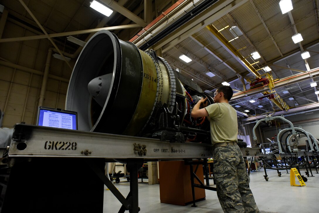 Sheppard Air Force Base Airman works on an engine