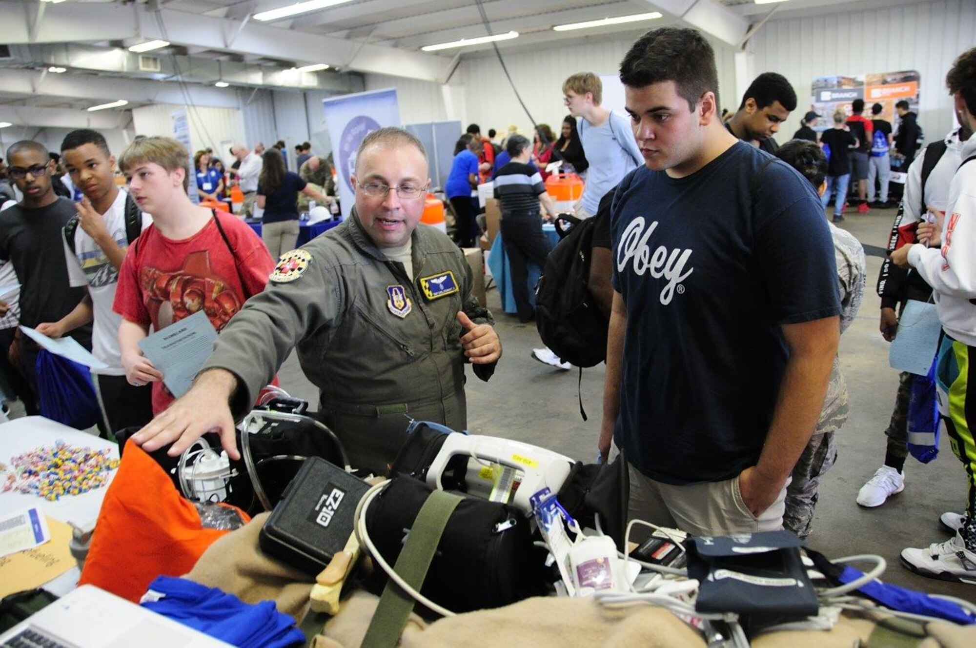 Flight nurses and medical technicians of the 459th Aeromedical Evacuation Squadron talk to students about their careers at the 14th Annual Northern Virginia Transportation Career Fair for High School Students in Manassas, Va. The career fair is part of a Federal Highway Administration initiative to promote the transportation industry and the careers it offers to America’s youth.