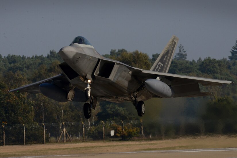 An F-22 Raptor assigned to the 1st Fighter Wing, Joint Base Langley-Eustis, Va. lands at Royal Air Force Lakenheath, England Oct. 5, 2018. The Raptors will train with U.S. allies and partners as a demonstration of U.S. commitment to European regional security. (U.S. Air Force photo/ Tech. Sgt. Matthew Plew)