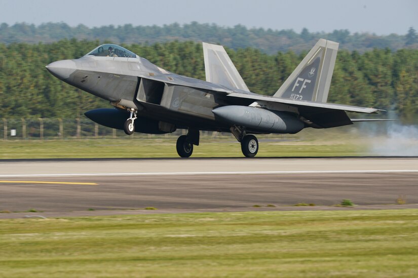 An F-22 Raptor lands at Royal Air Force Lakenheath, England, Oct. 5, 2018.  The F-22 Raptors, Airmen and associated equipment arrived at RAF Lakenheath, England, for a short-term deployment to the U.S. European Command area of operations. (U.S. Air Force photo by Airman 1st Class Shanice Williams-Jones)