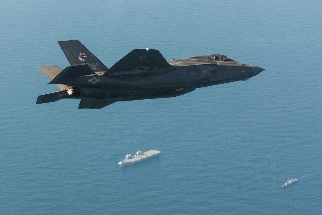 An F-35 flies through the air.