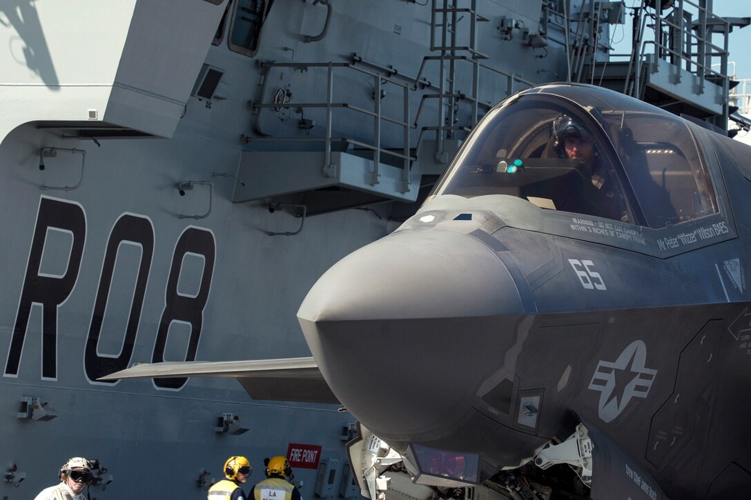 A closeup of an F-35B on the deck of a British aircraft carrier