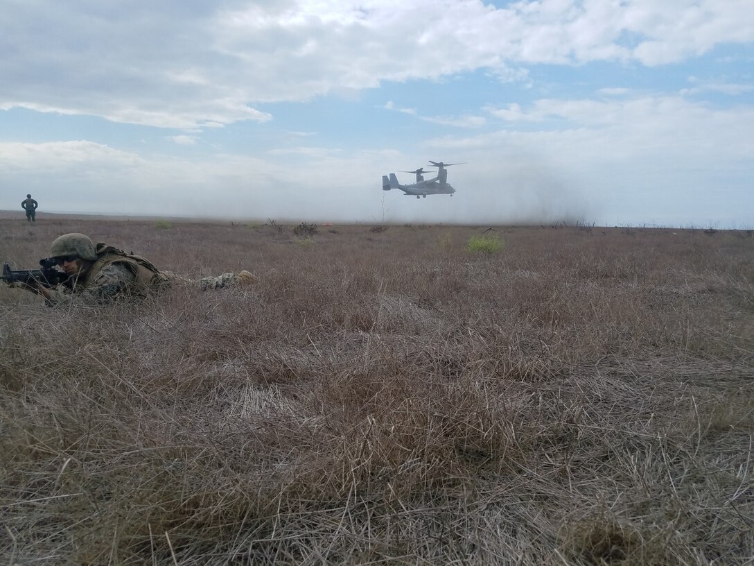 October 2018 - 9th Communication Battalion Marines provides LZ security for a MV-22 Osprey from VMM-364. VMM-364 supported 9th Comm with aerial refueling assets and training during the Battalion Field Training Exercise.