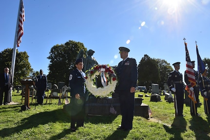 New York Air National Guard Brig. Gen. Timothy J. LaBarge, the NewYork National Guard director of Joint Staff, and Command Chief Master Sgt. Maureen Dooley, the senior ranking noncommissioned officer for the New York Air National Guard, present a wreath from President Donald Trump at the gravesite of President Chester A. Arthur in Albany Rural Cemetery in Menands, N.Y., on Oct. 5, 2018.