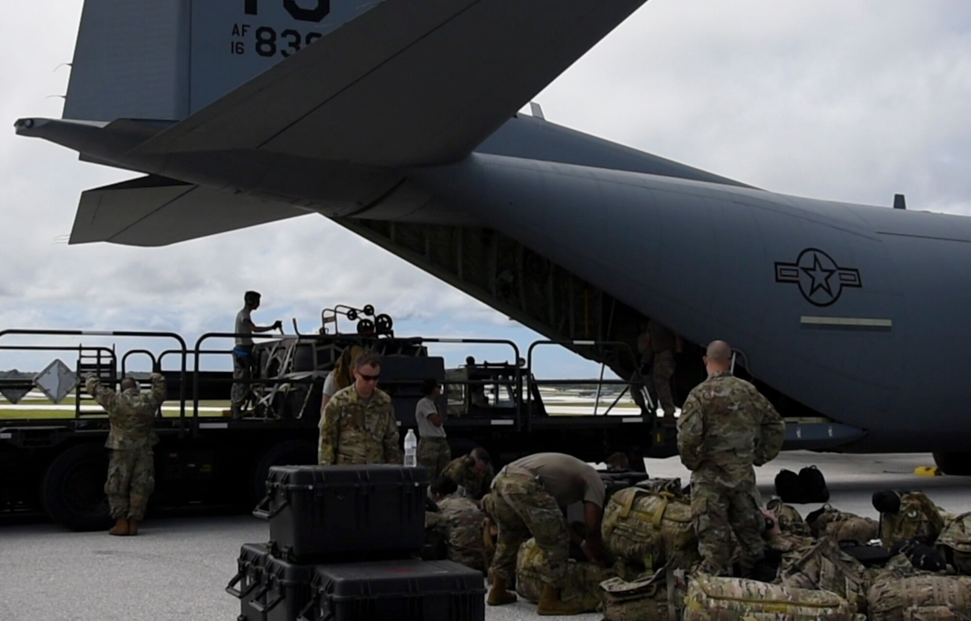Airmen assigned to the 36th Contingency Response Group load a C-130J Super Hercules Oct. 05, 2018, at Andersen Air Force Base, Guam. United States Indo-Pacific Command is deploying as part of the broader U.S. Government effort to support Indonesia's request for humanitarian assistance.  This effort includes coordination with the U.S. Department of State and U.S. Agency for International Development, in constant consultation with Indonesian authorities. (U.S. Air Force photo by Senior Airman Gerald R. Willis)