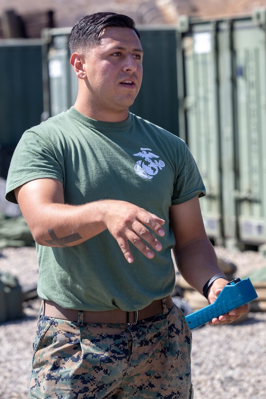 U.S. Marine Corps Sgt. Aaron Salcidosoto, a water support technician with the Combat Engineer detachment, Task Force Koa Moana, teaches a class at Marine Corps Base Camp Pendleton, Calif., Sept. 26, 2018. Salcidosoto taught a class about the functions and capabilities of the lightweight water purification system. (U.S. Marine Corps photo by Cpl. Branden J. Bourque)