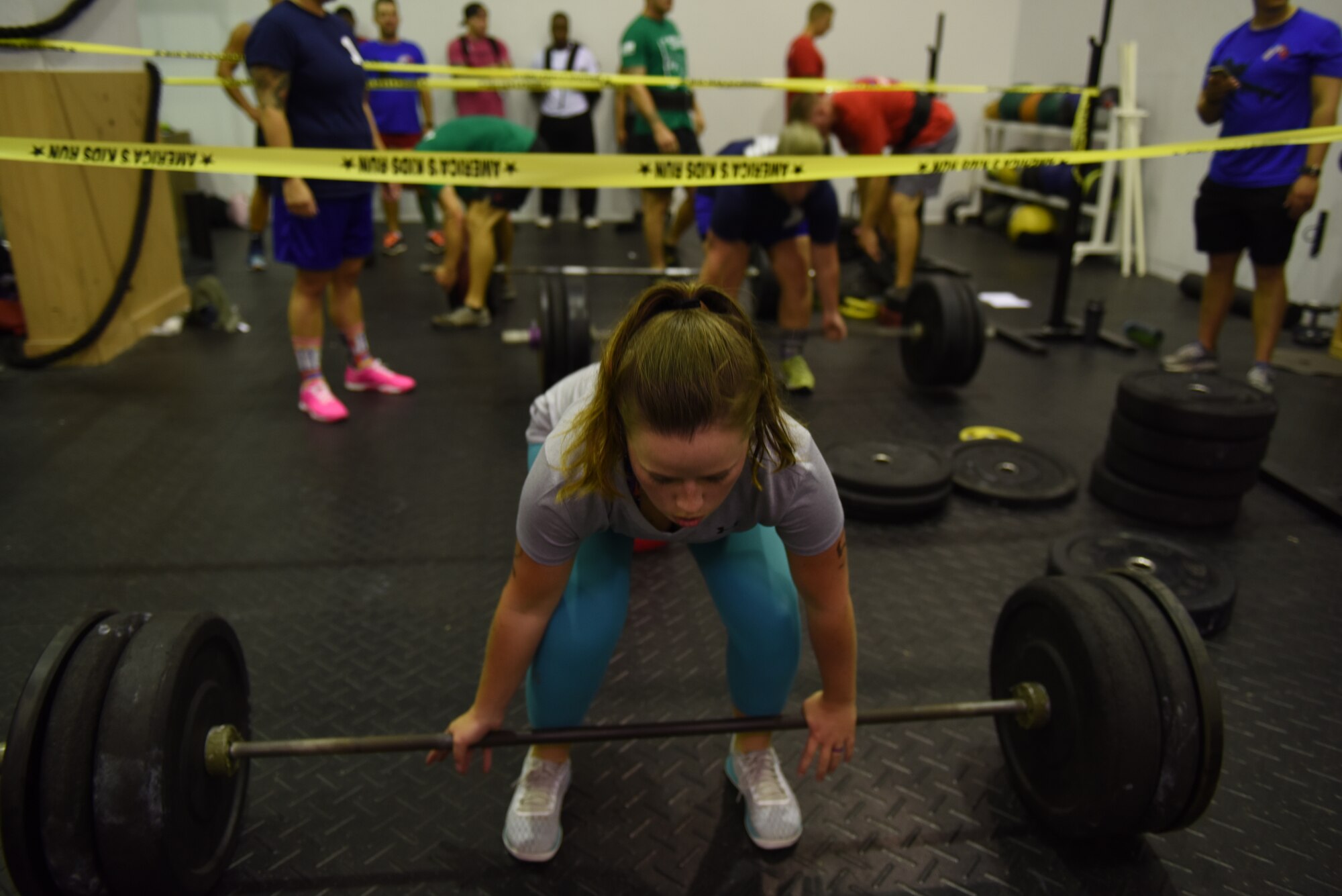 U.S. Air Force Airman 1st Class Haylie Belts prepares to perform a deadlift during the Incirlik Throw Down CrossFit competition at Incirlik Air Base, Sept. 29 2018.