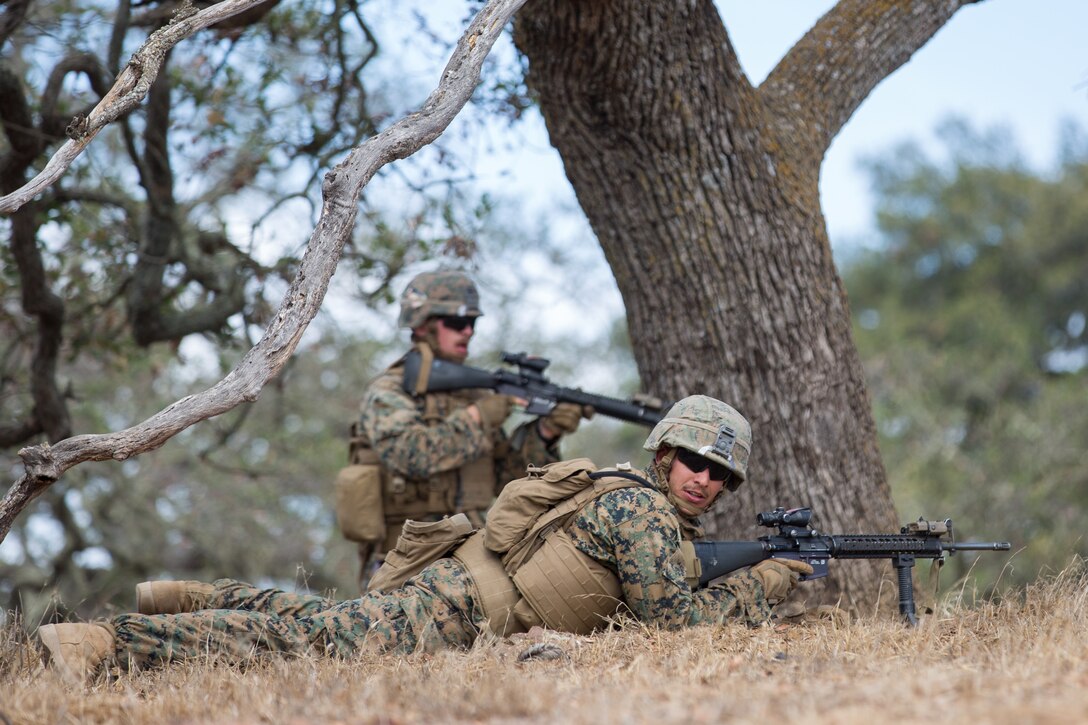 U.S. Marine Corps Cpl. Brock R. Portier, front, a combat engineer with Bravo Company, 7th Engineer Support Battalion, Task Force Koa Moana (TF KM), participates in a contact left attack during the TF KM Mission Rehearsal Exercise at Marine Corps Base Camp Pendleton, Calif., July 18, 2018. The exercise confirmed TF KM is capable of cross cultural interaction, instruction, and relationship building while training alongside partner nations in order to meet Theater Security Cooperation engagement objectives. (U.S. Marine Corps photo by Staff Sgt. Gabriela Garcia)