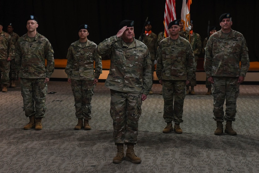 U.S. Army Col. Edward Boroweic salutes as the new commander of the 93rd Signal Brigade during a change of command ceremony at Joint Base Langley-Eustis, Virginia, Oct. 4, 2018. Boroweic received command from Col. Kevin Litwhiler during the ceremony. (U.S. Air Force photo by Senior Airman Derek Seifert)