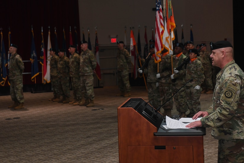 U.S. Army Col. Edward Boroweic, 93rd Signal Brigade incoming commander, addresses the 93rd Sig. Bde., during a change of command ceremony at Joint Base Langley-Eustis, Virginia, Oct. 4, 2018. Boroweic spoke about being humbled and honored to take command of the brigade. (U.S. Air Force photo by Senior Airman Derek Seifert)