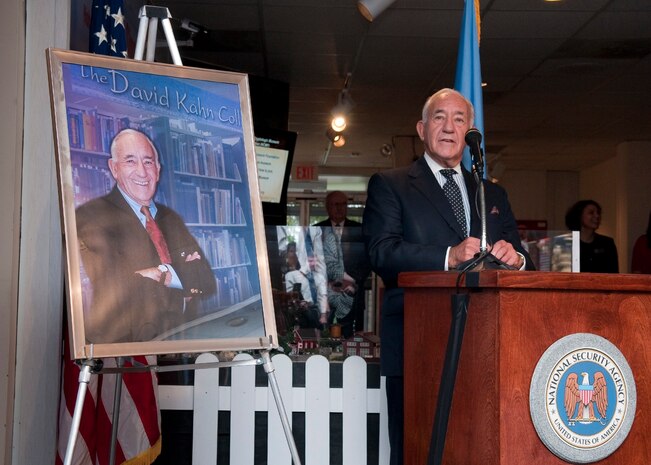 Dr. David Kahn speaks at the unveiling of the National Cryptologic Museum Dr. David Kahn Collection