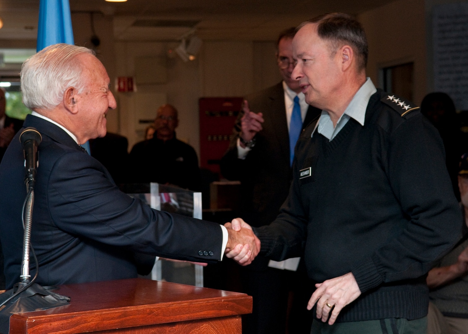 Photo of Dr. Kahn and General Alexander at the unveiling of the National Cryptologic Museum Dr. David Kahn Collection