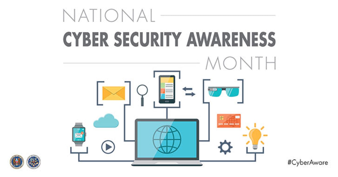 National Cybersecurity Awareness Month infographic showing interconnectedness of personal electronic devices, email, credit cards, laptops, and other everyday objects.