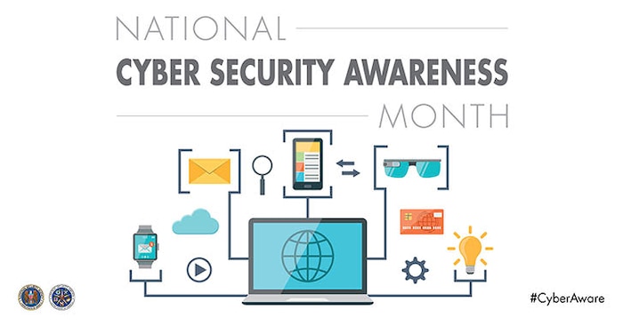 National Cybersecurity Awareness Month infographic showing interconnectedness of personal electronic devices, email, credit cards, laptops, and other everyday objects.