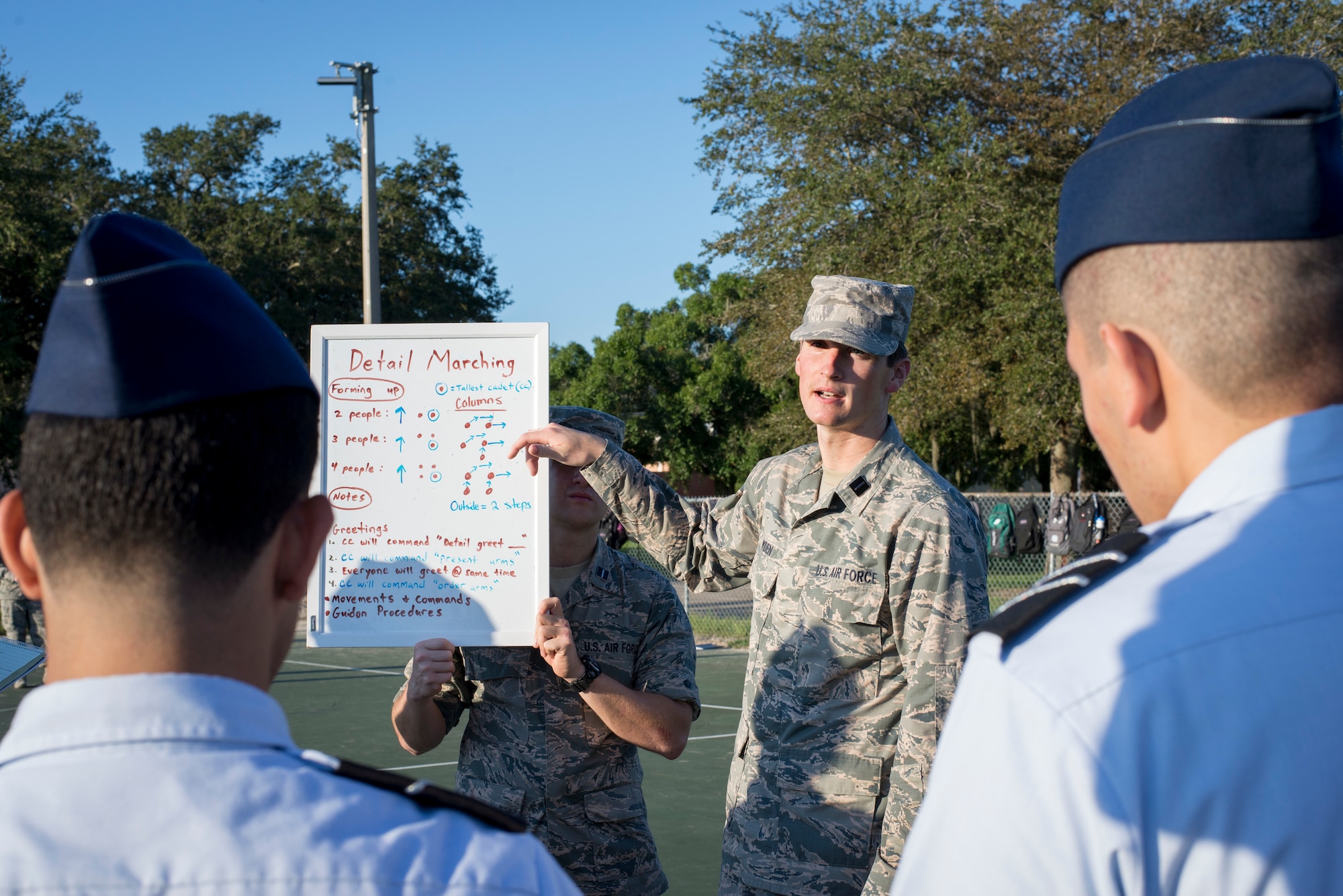 U.S. Air Force Reserve Officer Training Corps cadets from DET-158 at the University of Florida in Tampa, teach each other how to march in details on campus Sept. 20, 2018.