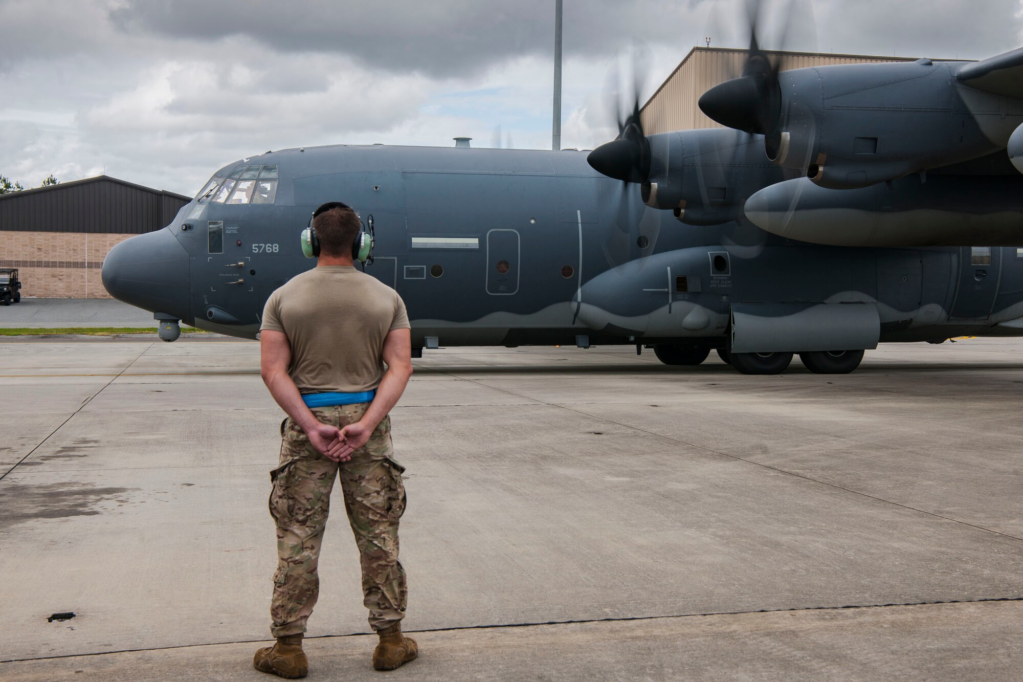 A HC-130J combat King II prepares to take off for relocation in anticipation of Hurricane Michael, Oct. 9, 2018, at Moody Air Force Base, Ga. While it is expected to be a Category 2 upon landfall, the current forecast anticipates Moody and the surrounding area will face tropical-storm-force winds Wednesday afternoon. (U.S. Air Force photo by Airman Taryn Butler)