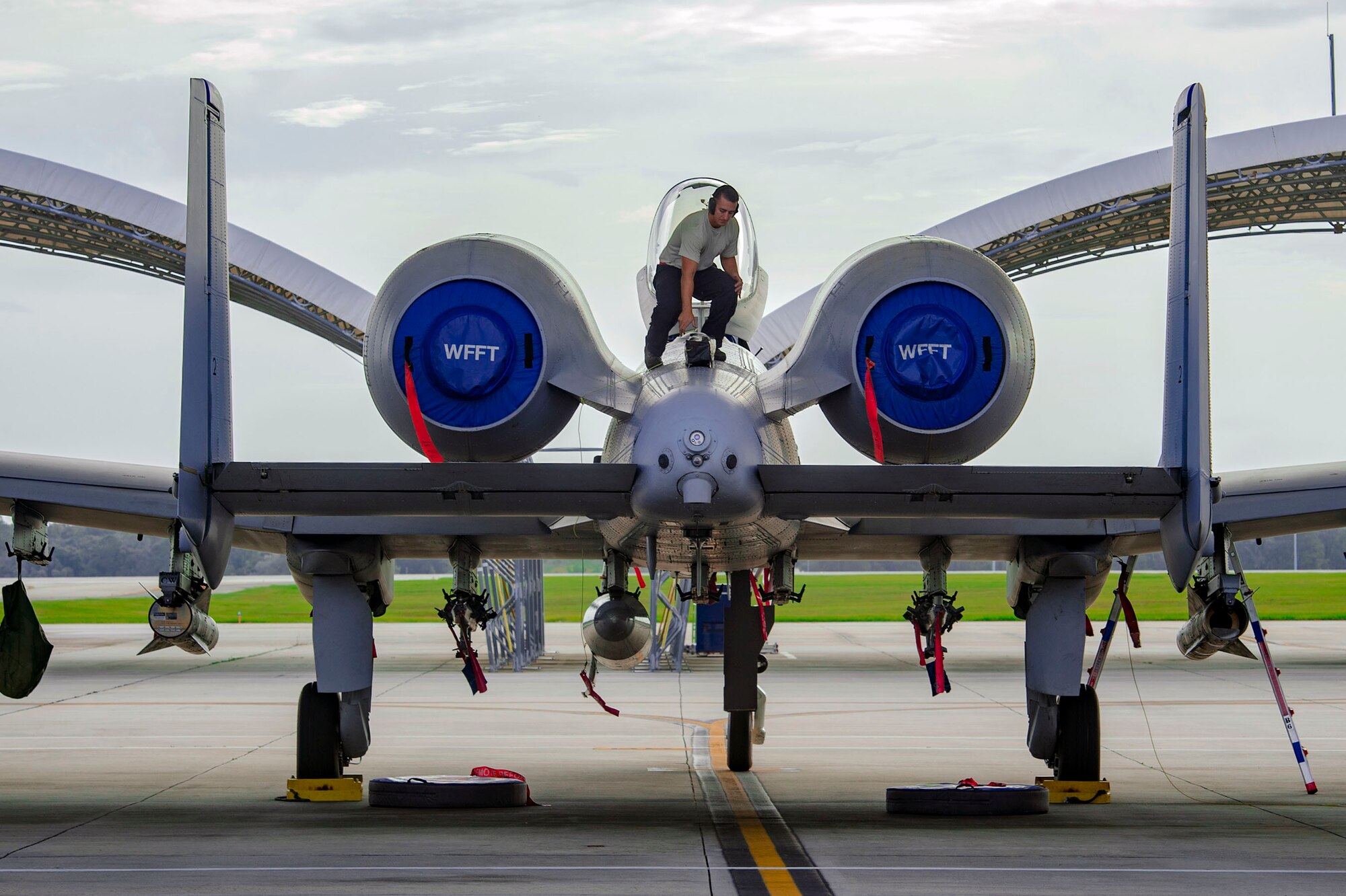 A 23d Maintenance Group A-10C Thunderbolt II crew chief prepares an aircraft for relocation in anticipation of Hurricane Michael, Oct. 9, 2018, at Moody Air Force Base, Ga. To safeguard flying assets, Moody is repositioning some aircraft to avoid the predicted tropical-storm-force winds in the Southeast region. (U.S. Air Force photo by Senior Airman Greg Nash)