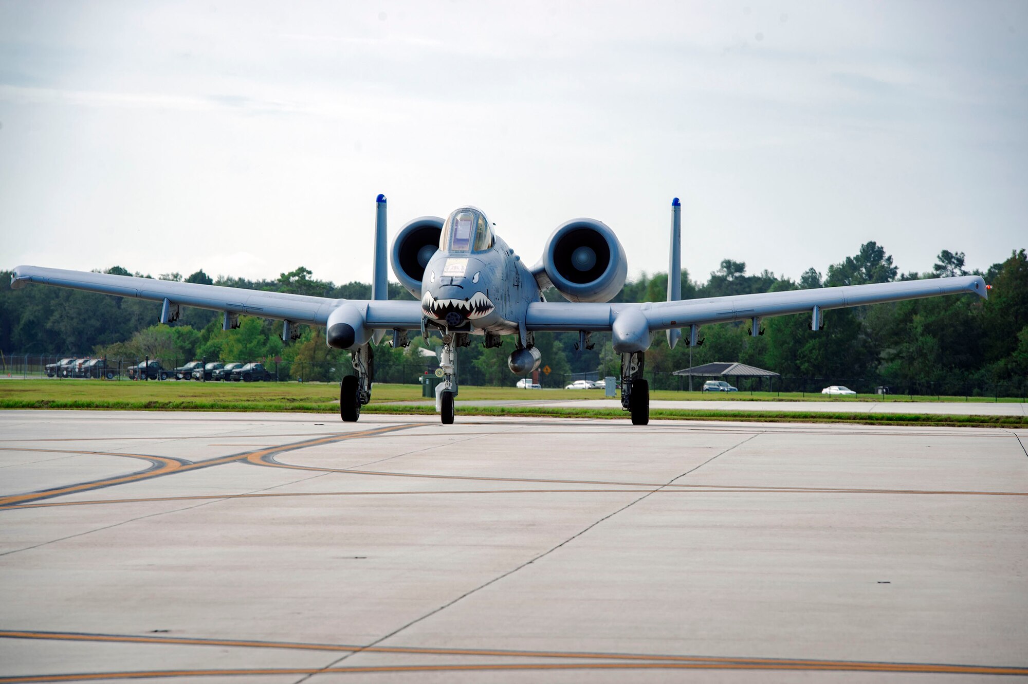 An A-10C Thunderbolt II taxis the runway to relocate in anticipation of Hurricane Michael, Oct. 9, 2018, at Moody Air Force Base, Ga. While it is expected to be a Category 2 upon landfall, the current forecast anticipates Moody and the surrounding area will face tropical-storm-force winds Wednesday afternoon. (U.S. Air Force photo by Senior Airman Greg Nash)
