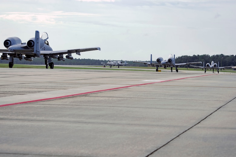 A-10C Thunderbolt II’s taxi the runway to relocate in anticipation of Hurricane Michael, Oct. 9, 2018, at Moody Air Force Base, Ga To safeguard flying assets, Moody is repositioning some aircraft to avoid the predicted tropical-storm-force winds in the Southeast region. (U.S. Air Force photo by Senior Airman Greg Nash)
