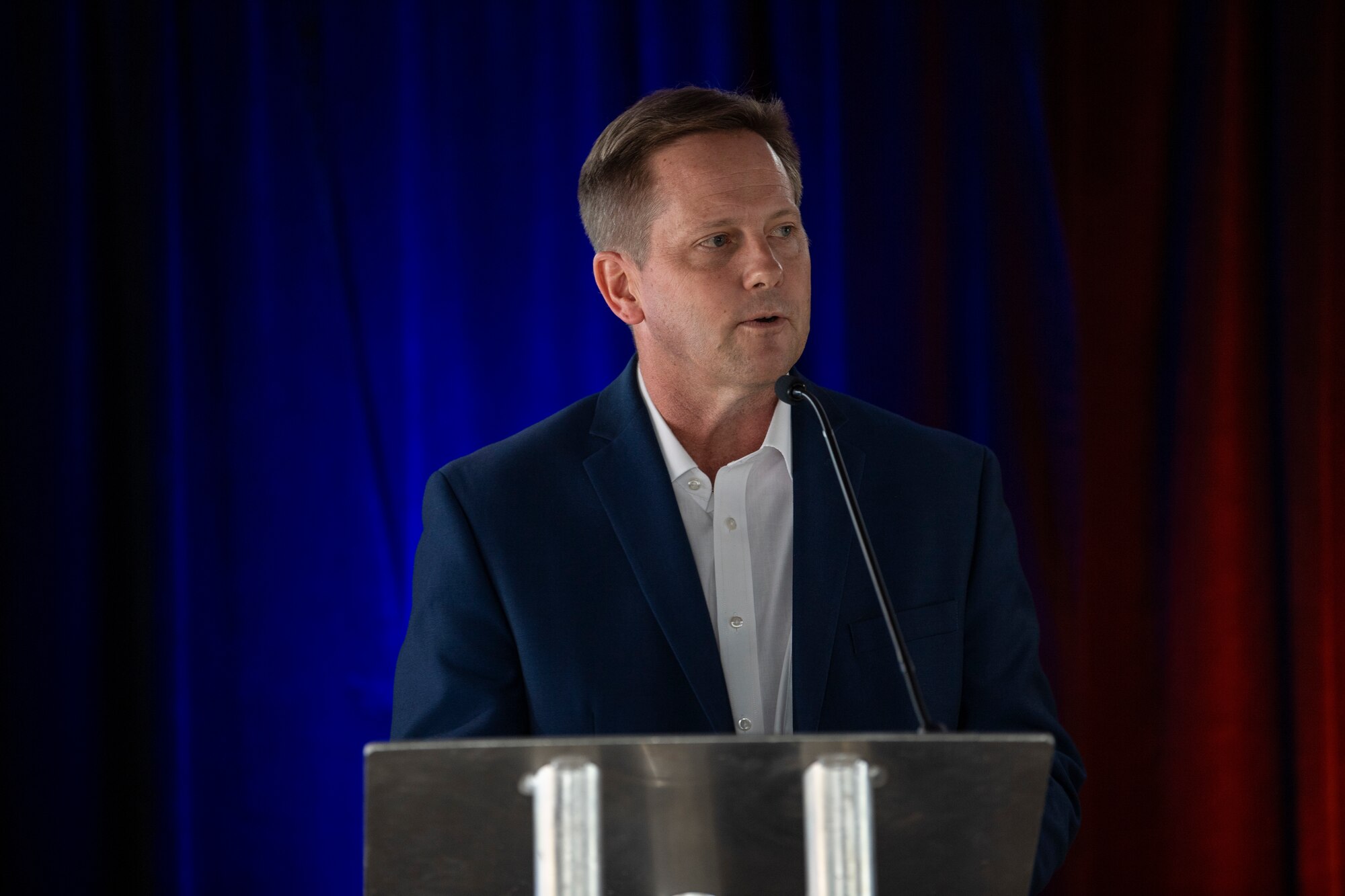 Dr. Kelly Hammett, Directed Energy Directorate director provides remarks at the Air Force Research Lab’s Innovation Awards at the Lobo Rainforest Building at Innovate ABQ, in Albuquerque, N.M., Oct. 4. The Innovation Awards is an event that highlights AFRL innovators, inventors, discoverers, experts in tech transfer, collaborative transfer, trademarks and patent recipients from the U.S. Patent office.