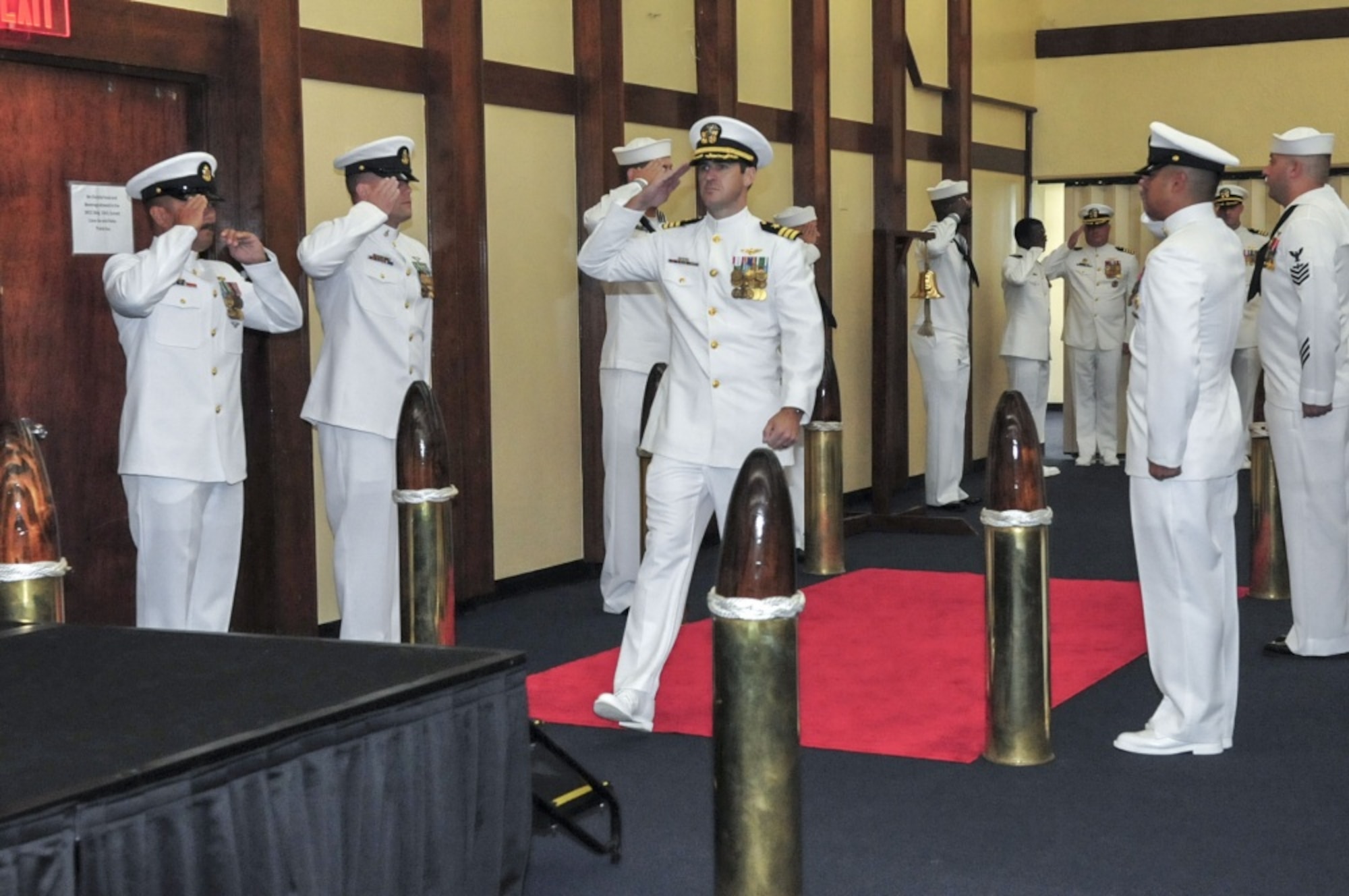 ANDERSEN AIR FORCE BASE, Guam (Oct. 5, 2018) – Cmdr. Frank Loforti is piped aboard during the Helicopter Sea Combat Squadron 25 change of command ceremony for the squadron at the Sunrise Conference Center at Andersen Air Force Base Oct. 5. Loforti relieved Cmdr. William Eastham as commanding officer. (U.S. Navy photo by Alana Chargualaf)