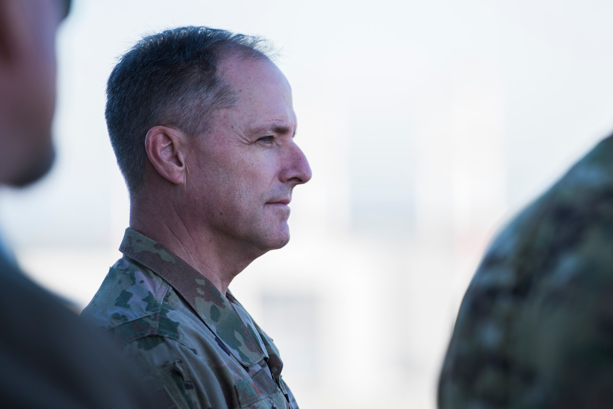 U.S. Air Force Maj. Gen. John Wood, Third Air Force commander, listens to a brief during an immersion tour of the 86th Airlift Wing Oct. 5, 2018, at Ramstein Air Base, Germany. Wood took command of the Third Air Force Sept. 7, 2018. (U.S. Air Force photo by Senior Airman Devin M. Rumbaugh)