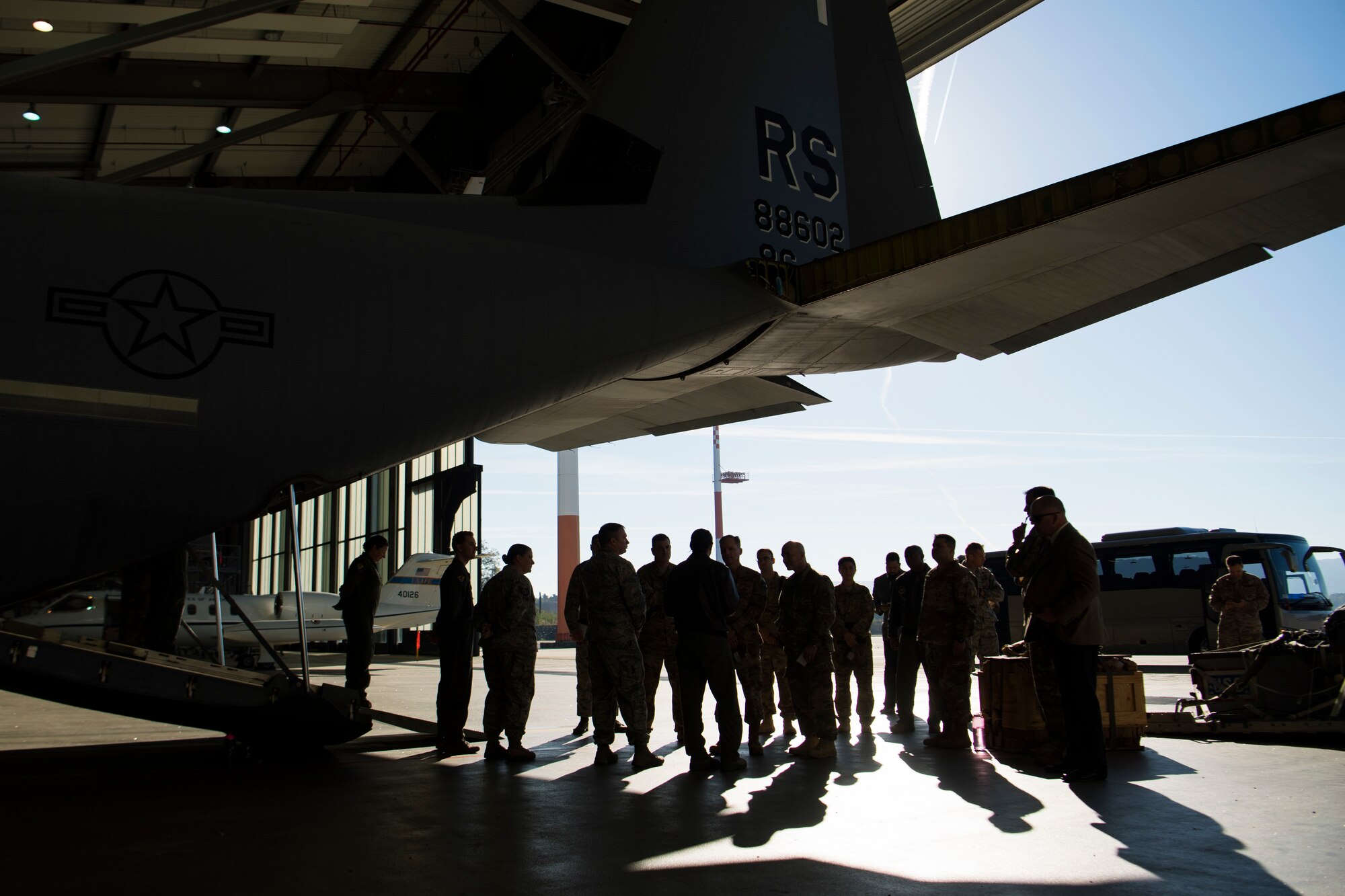 Leadership teams from the Third Air Force are briefed by members of the 86th Aeromedical Evacuation Squadron during an immersion tour of the 86th AW Oct. 5, 2018, at Ramstein Air Base, Germany. Airmen spoke on the part their units play in Ramstein’s diverse mission. (U.S. Air Force photo by Senior Airman Devin M. Rumbaugh)