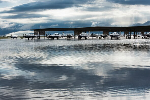 A severe thunderstorm rolled through Laughlin Air Force Base, Texas, Oct. 9, 2018, leaving several facilities on base damaged and the flightline temporarily flooded. The 47th Operations Support Squadron weather flight recorded more than 5 inches of rain and a maximum wind velocity of more than 72 miles per hour. (U.S. Air Force photo by Airman 1st Class Marco A. Gomez)