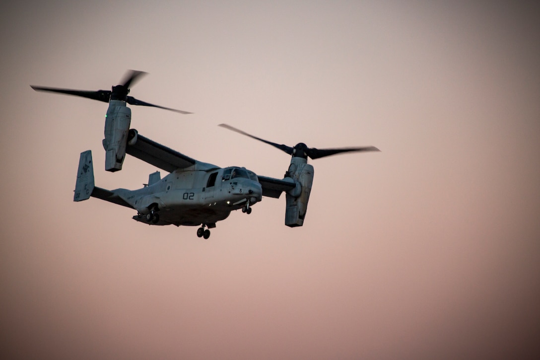 U.S. Marines with Weapons and Tactics Instructors Course 1-19, use an MV-22 Osprey aircraft for  a combat assault transport of troops and equipment during Assault Support Tactics 4 at Forward Operating Base Laguna, U.S. Army Yuma Proving Grounds, Ariz., Oct. 9, 2018. WTI, a seven week training event hosted by Marine Aviation Weapons and Tactics Squadron 1, emphasizes operational integration of the six functions of Marine Corps aviation in support of a Marine air-ground task force. This year, Marines and Sailors with the Special Purpose Marine Air-Ground Task Force Crisis Response-Central Command 19.1 served as the command element for WTI.