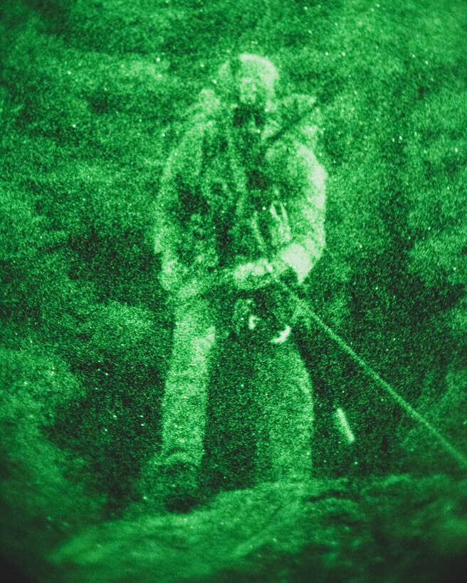 A U.S. Army Special Forces soldier with Operational Detachment Alpha performs a night-time cliffside rappel during a mountaineering training exercise, aboard Marine Corps Mountain Warfare Training Center, Bridgeport, Calif., July 24, 2018. Any special operations force element that comes to MCMWTC has the opportunity to do their list of schools; ranging from Assault Climber, Mountain Medicine, Mountain Sniper and others, or they can program their own training through use of an internal mountaineering subject matter expert. (U.S. Marine Corps photo by Lance Cpl. Rachel K. Young)