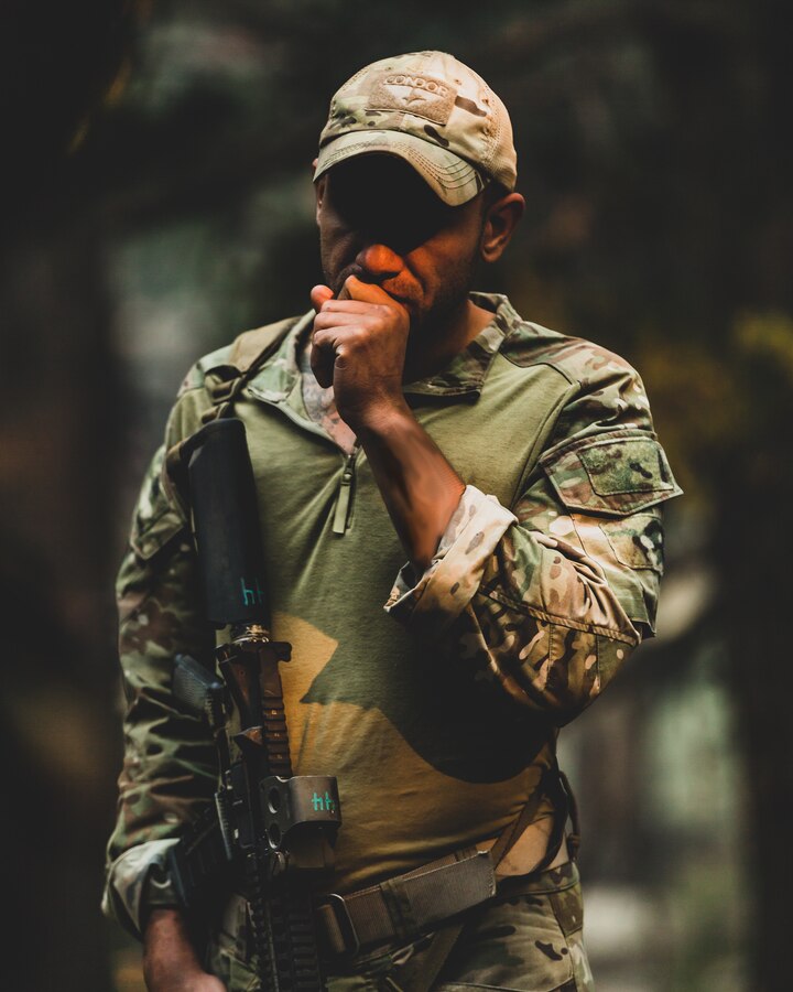A U.S. Army Special Forces soldier with Operational Detachment Alpha listens to a terrain model brief during the integration of Training Readiness Exercise II and Mountain Training Exercise 4-18, aboard Marine Corps Mountain Warfare Training Center, Bridgeport, Calif., Aug. 5, 2018. Any special operations force element that comes to MCMWTC has the opportunity to do their list of schools; ranging from Assault Climber, Mountain Medicine, Mountain Sniper and others, or they can program their own training through use of an internal mountaineering subject matter expert. (U.S. Marine Corps photo by Lance Cpl. Rachel K. Young)