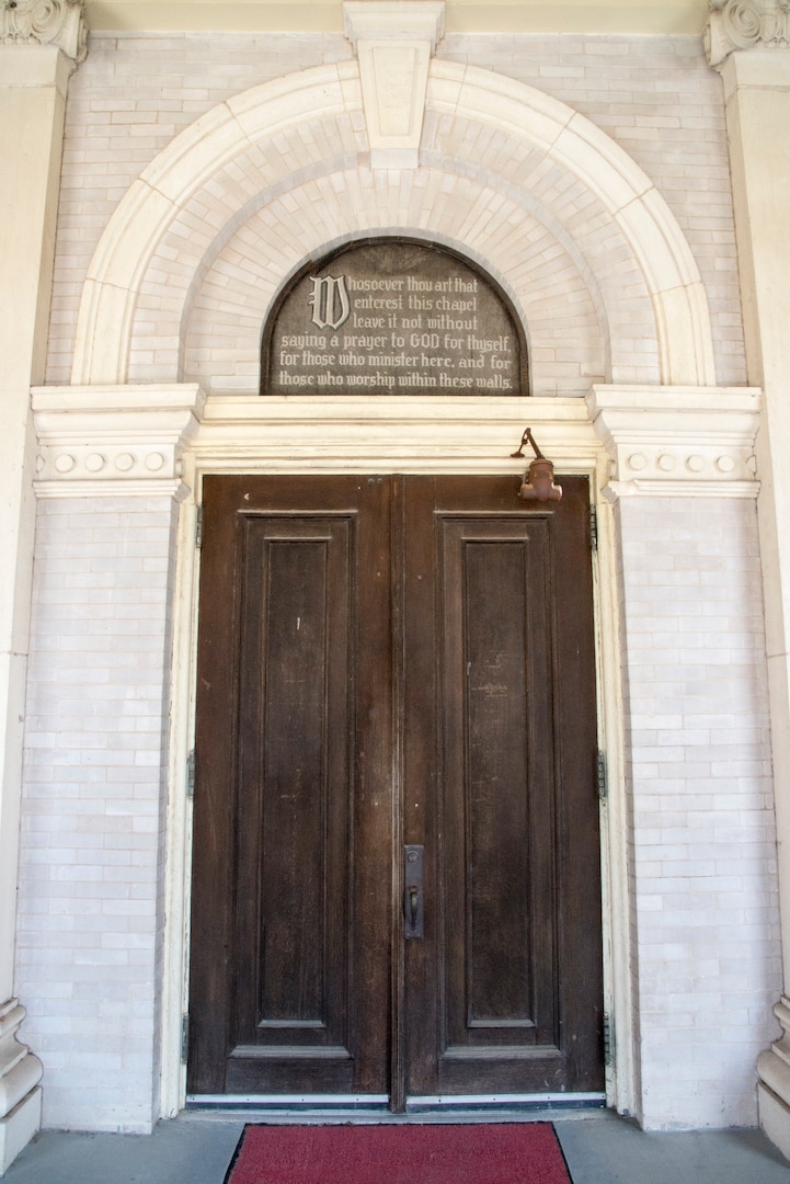 The entrance to the Gift Chapel at Joint Base San Antonio-Fort Sam Houston. The chapel was dedicated Oct. 17, 1909, by then-President William Howard Taft in a ceremony attended by 600 distinguished guests and dignitaries and more than 25,000 citizens who viewed the ceremony from a roped off area. The dedication came after construction on the chapel started in January 1908.