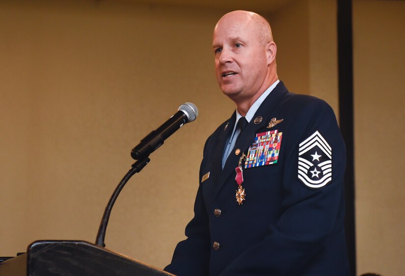 Chief Master Sgt. Todd Cole, 628th Air Base Wing command chief, speaks during his retirement ceremony Oct. 5, 2018, at Joint Base Charleston, S.C.