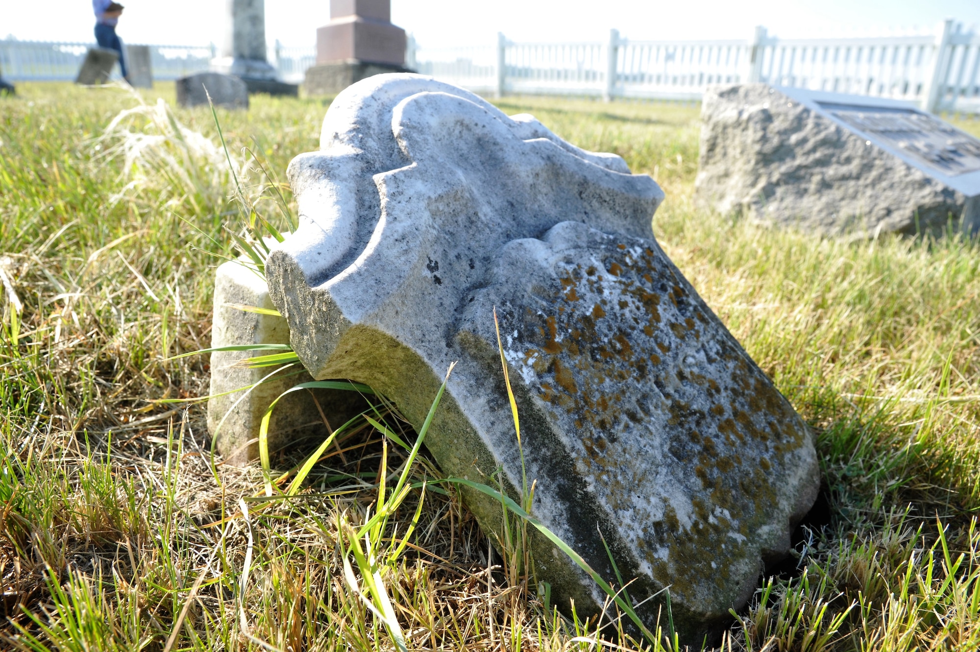 The grave of Hiram Honaker, a black Civil War veteran, is the only veteran known to be buried on Wright-Patterson Air Force Base. Honaker’s stone is relatively new, a replacement for his crumbling and barely legible original grave stone. (U.S. Air Force Photo/Isa Velez)