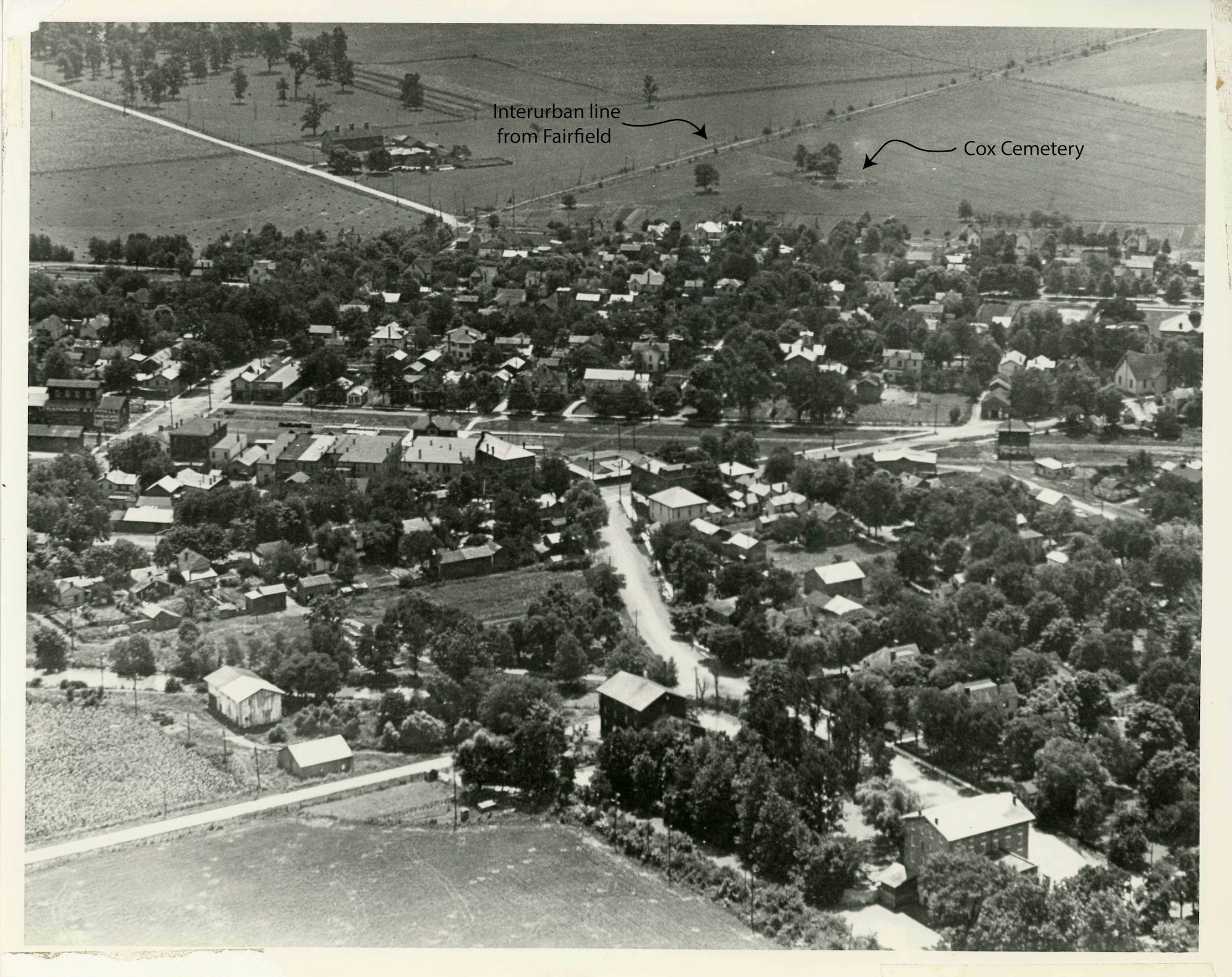 : The historic town of Osborne in the 1910’s. Osborne was locate on what is now Wright-Patterson Air Force Base’s flight line. A group of trees in the upper right corner marks Cox Family Cemetery, which today sits inside a white picket fence on the flight line. (Courtesy Photo)