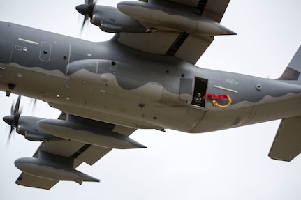 An Alaska Air National Guard C-130J Super Hercules conducts air drop qualification training at Joint Base Elmendorf-Richardson, Alaska, Oct. 3, 2018. When air drop training occurs, combat mobility technicians from the 773d Logistics Readiness Squadron are called upon to operate as malfunction officers at the drop zone. In addition to scouting the drop zone area during a training, technicians are also responsible to recover the loads and parachutes.