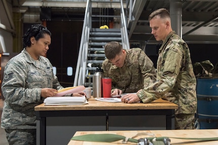 U.S. Air Force Tech. Sgt. Danielle Primas, the 773d Logistics Readiness Squadron combat mobility flight noncommissioned officer in charge and U.S. Air Force Staff Sergeants Douglas Moye and Nick Braun, both 773d LRS combat mobility technician supervisors, discuss technical orders before a scheduled air drop at Joint Base Elmendorf-Richardson, Alaska, Oct. 3, 2018. These combat mobility technicians, sometimes referred to as riggers, are responsible for the packing of parachutes and building various cargo platforms to bring personnel and valuable cargo down from the sky safely.