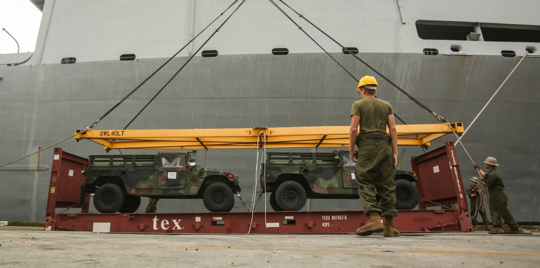 U.S. Marines with II Marine Expeditionary Force prepare to maneuver vehicles aboard USNS Wright (T-AVB 3) before embarkation to Norway at the Port of Morehead City in Beaufort, N.C., Sept. 28, 2018. These vehicles will be used as part of II MEFs participation in the NATO-led Exercise Trident Juncture 18 in Norway, Sweden, Finland, and Iceland. Trident Juncture 18 enhances the U.S. and NATO Allies’ abilities to work together collectively to conduct military operations under challenging conditions. Trident Juncture will include more than 14,000 U.S. service members and 31 Allied and partner nations, totaling more than 40,000 NATO troops. (U.S. Marine Corps photo by Lance Cpl. Samuel Lyden)