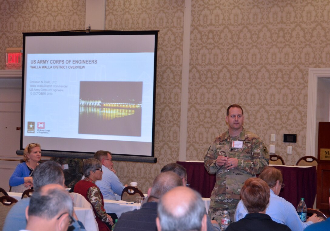 Lt. Col Christian Dietz, Walla Walla District Commander, gave the opening remarks for the 2018 Industry Day conference held Oct. 10, at the Marcus Whitman Hotel and Conference Center in Walla Walla, Washington. District personnel presented informational briefings, discussed upcoming contracting opportunities and processes, and a panel of District staff members involved with reviewing contract proposals answered questions posed by attendees.