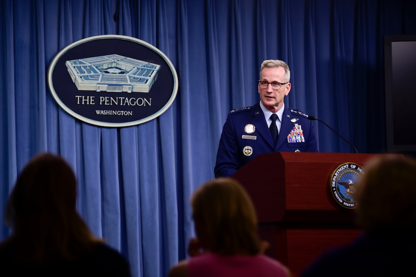 Air Force Gen. Terrence J. O'Shaughnessy, commander, United States Northern Command and North American Aerospace Defense Command, briefs the media about Hurricane Michael at the Pentagon.
