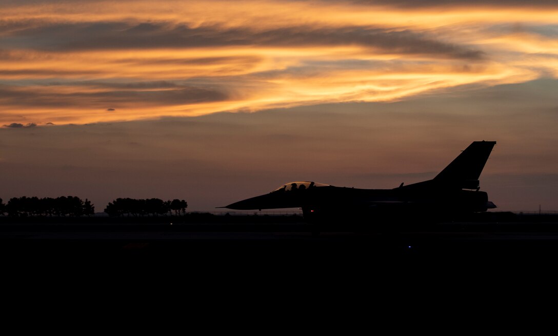 An F-16 Fighting Falcon from the 80th Fighter Squadron “Juvats” taxis down a runway at Kunsan Air Base, Republic of Korea, Oct. 4, 2018. The 80th FS is participating in Red Flag-Alaska, a 10-day United States Air Force exercise that emphasizes air-to-air combat, held at Eielson Air Force Base. (U.S. Air Force photo by Senior Airman Stefan Alvarez)