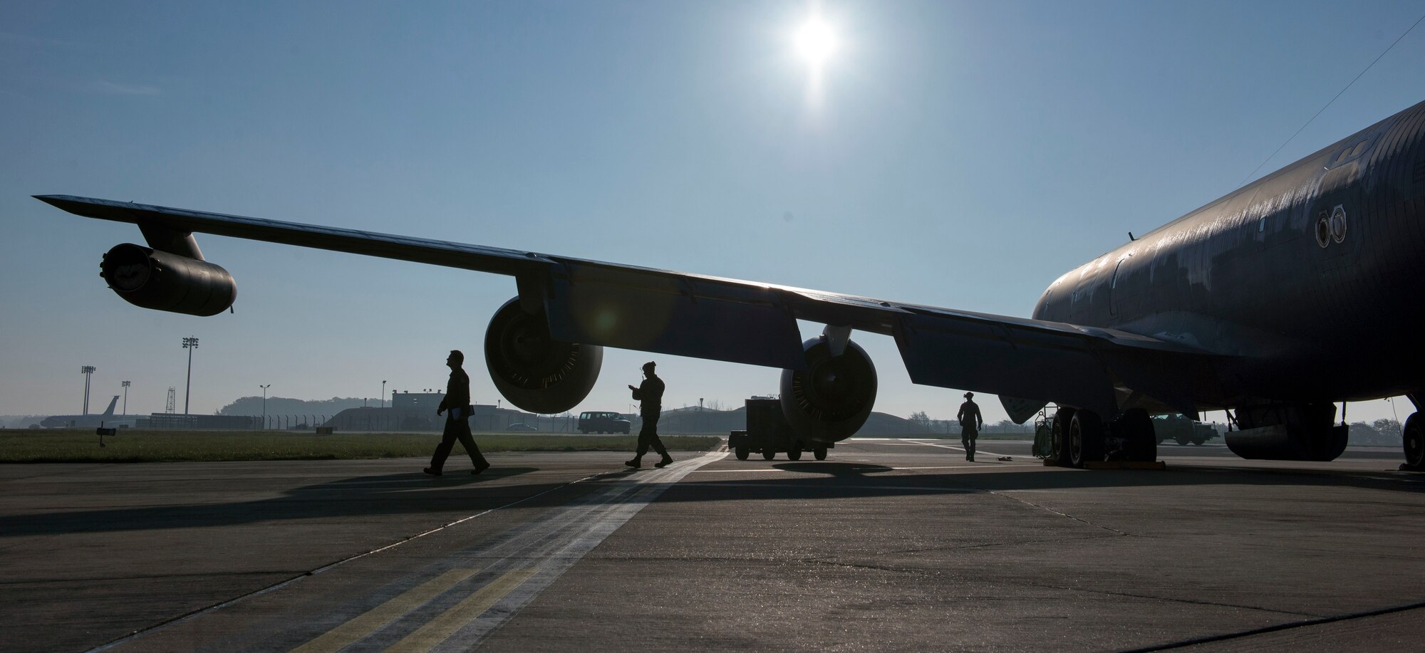 U.S. Air Force Maj. Steven Strasbaugh, 351st Air Refueling Squadron KC-135 Stratotanker pilot, conducts a walk around of the aircraft with the aircraft’s crew chief prior to an air refueling mission for a large forces exercise, at RAF Mildenhall, England, Oct. 10, 2018. RAF Lakenheath hosted the exercise, which took place in the U.S. European Command area of operations. (U.S. Air Force photo by Staff Sgt. Christine Groening)