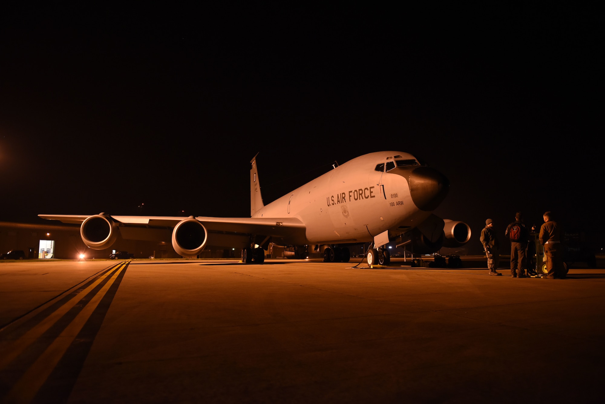 U.S. Air Force 351st Air Refueling Squadron KC-135 Stratotanker aircrew conduct a pre-flight brief before taking off from RAF Mildenhall, England, Oct. 10, 2018. The KC-135 supported Exercise Clear Sky by refueling Romanian Air Force F-16s and U.S. Air Force F-15C Eagles from the 144th Fighter Wing, Fresno Air National Guard Base, Calif. (U.S. Air Force photo by Senior Airman Luke Milano)
