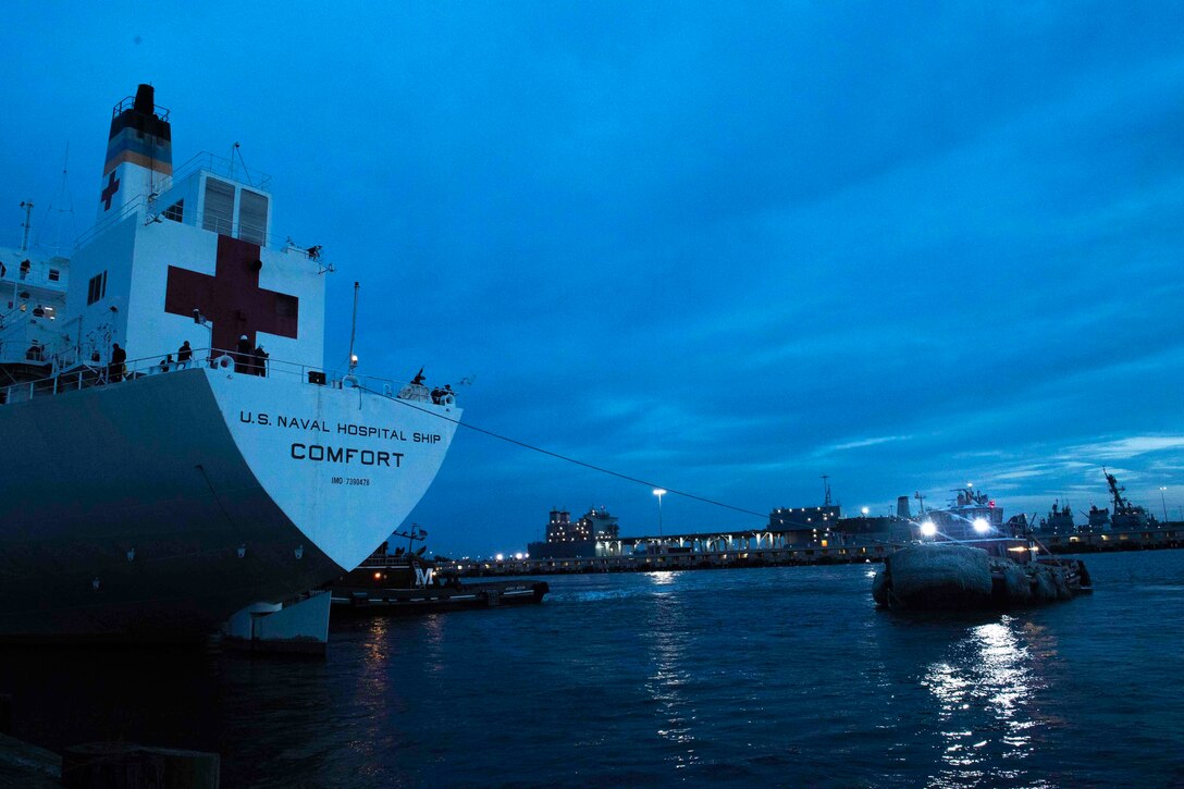 U.S. Navy hospital ship USNS COMFORT departs Norfolk, VA.