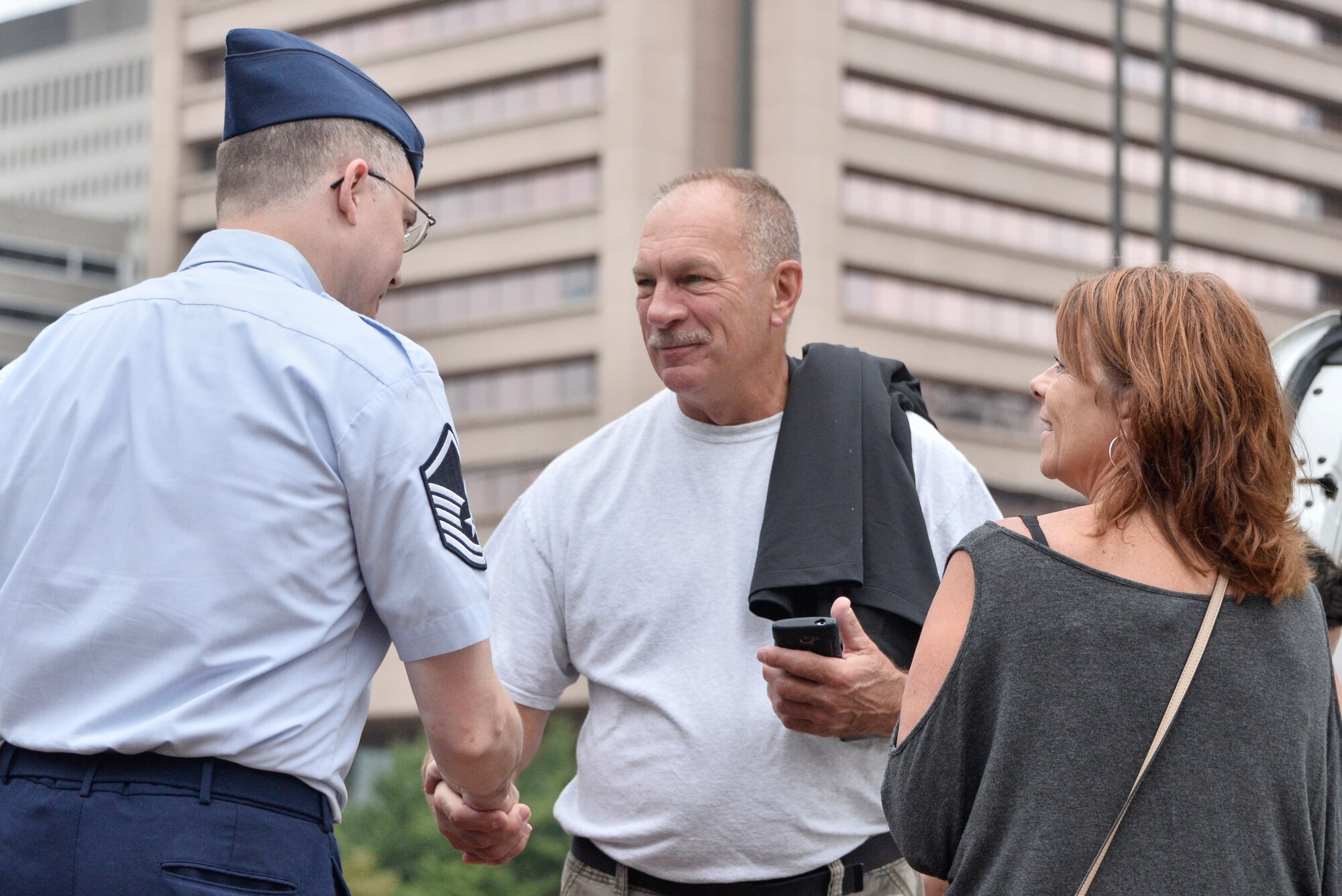 Master Sgt. Marshall Hackett, 70th Operations Support Squadron chief military language instructor, is thanked by local Maryland residents during Fleet Week October 6, 2018 in Baltimore, Maryland. Fleet Week Baltimore gave Maryland residents a chance to meet and learn about U.S. maritime capabilities of the U.S. Navy and Marine Corps, along with promoting community growth and interaction with all services. (U.S. Air Force photo by Staff Sgt. Alexandre Montes)